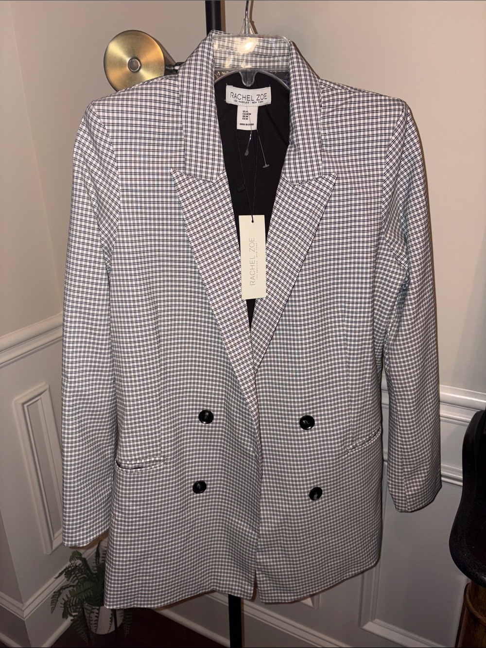 NWT Rachel Zoe Black and White Gingham Double-Breasted Blazer